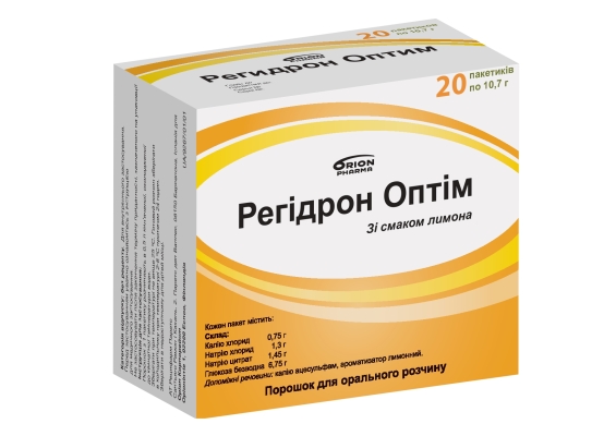 РЕГІДРОН ОПТІМ порошок для орального розчину по 10,7 г порошку у пакеті; по 20 пакетів у картонній коробці